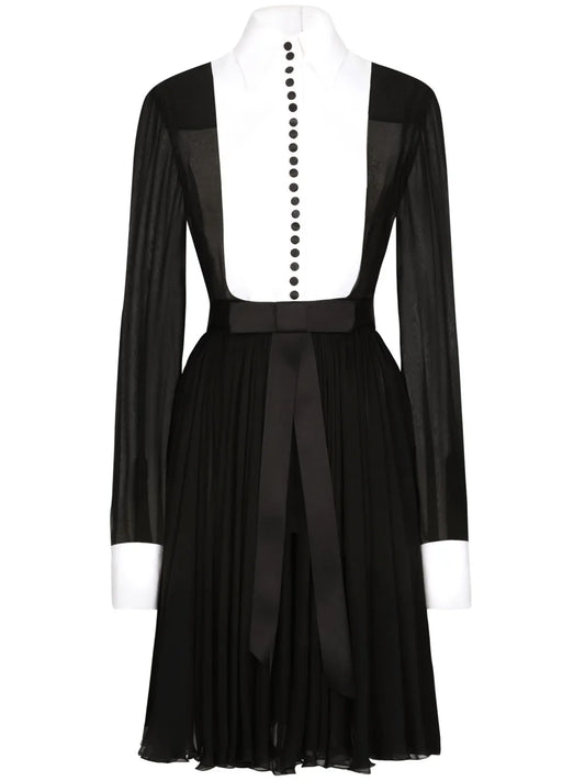 Dolce Gabbana Bib Collar Silk Blend Shirtdress — Black/ White/ Red — Size XS — Front View