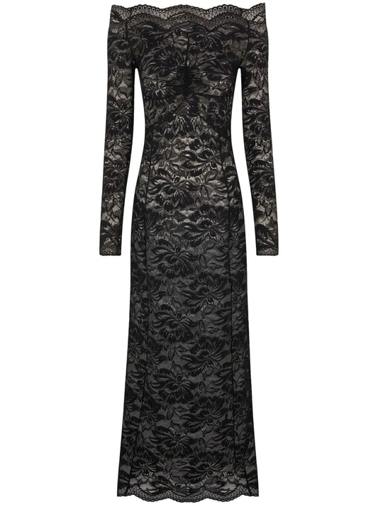 Rabanne Floral Lace Bardot Collar Dress — Black — Size XS — Front View
