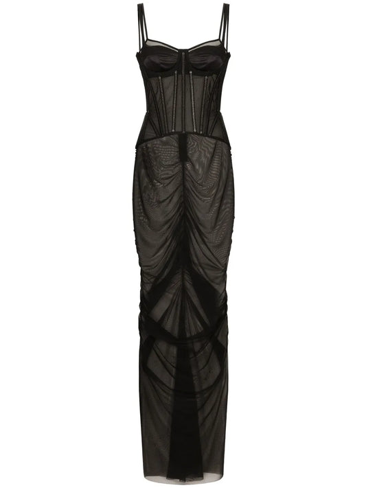 Dolce Gabbana Sheer Cotton Bustier Dress — Black — Size XS — Front View