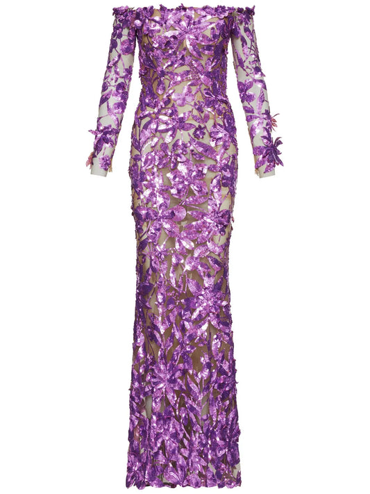 Oscar De La Renta Embellished Off Shoulder Gown — Purple — Size XS — Front View