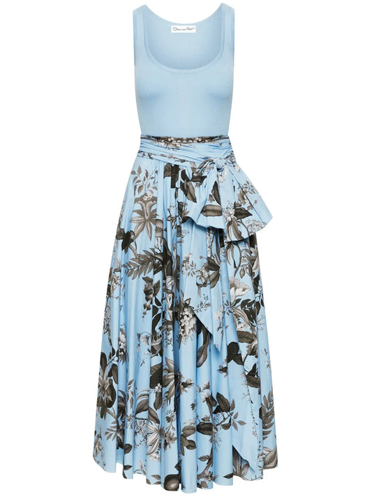 Oscar De La Renta Flora Fauna Print Sleeveless Midi Dress — Black/ White/ Blue/ Red — Size XS — Front View