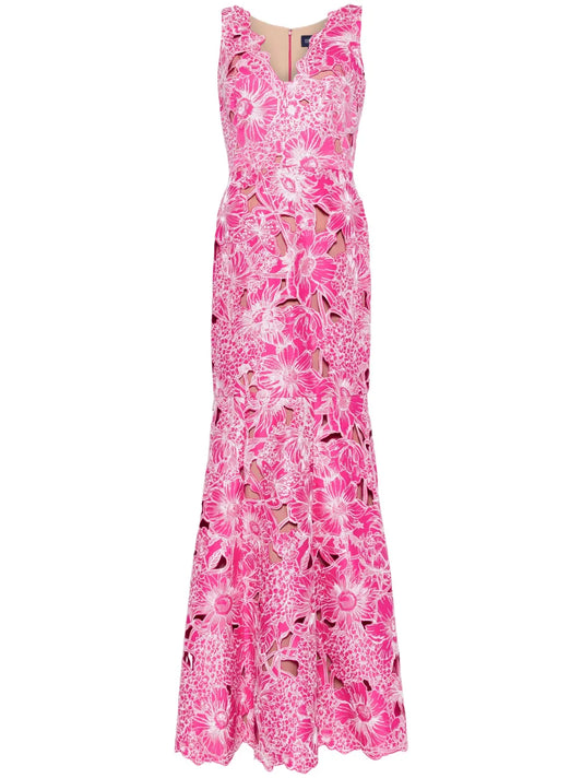 Marchesa Notte Anthousai Floral Applique Mermaid Gown — White/ Red/ Pink — Size S — Front View