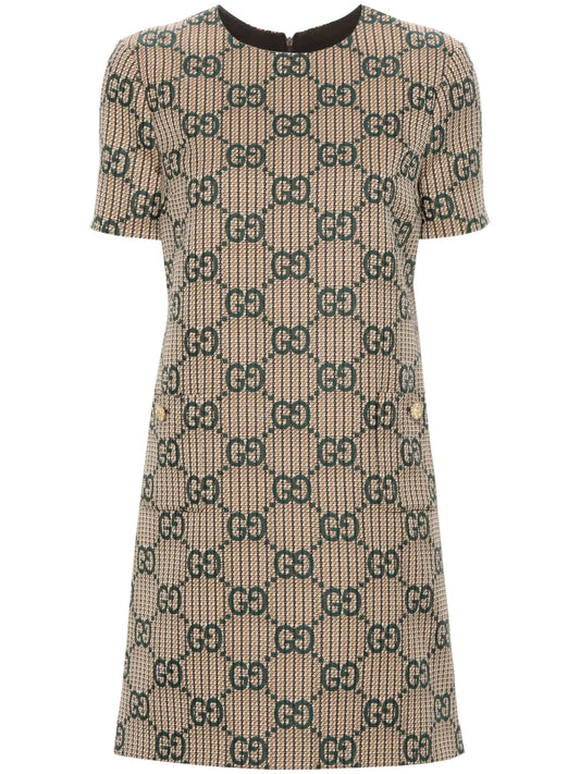 Gucci Gg Jacquard Wool Dress — Brown/ Green/ Gold — Size XS — Front View