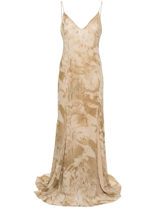 Blumarine Tie Dye Crepe Maxi Dress — Beige/ Brown/ Red — Size XS — Front View