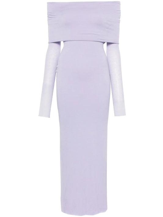 Manuri Off Shoulder Fine Knit Dress — Purple — Size S — Front View