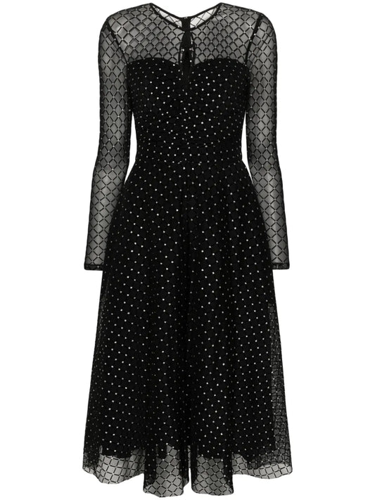 Nissa Glitter Dots Flared Midi Dress — Black/ Red — Size XS — Front View