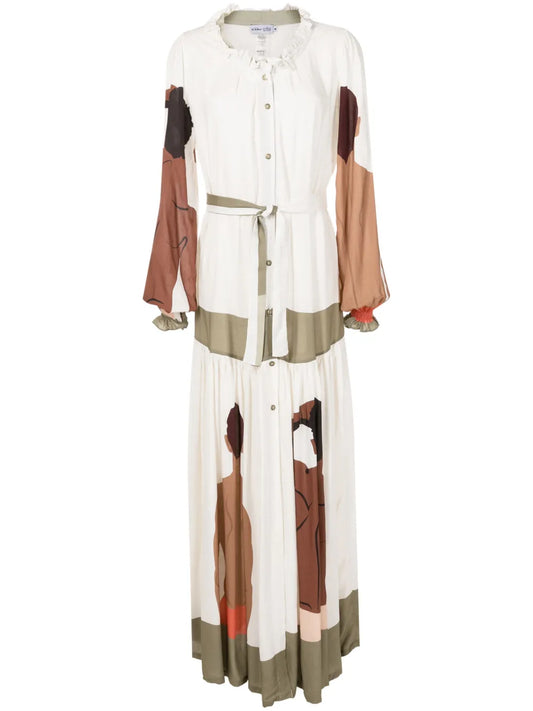 Amir Slama Graphic Print Long Sleeve Maxi Dress — White — Size S — Front View