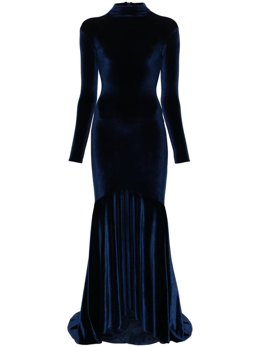 Atu Body Couture High Neck Velvet Gown — Blue/ Navy — Size XS — Front View