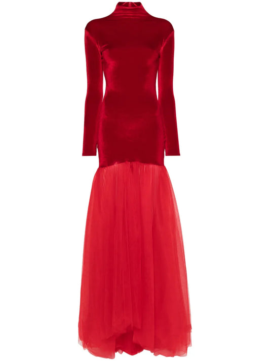 Atu Body Couture Tulle Detail Velvet Gown — Red — Size XS — Front View