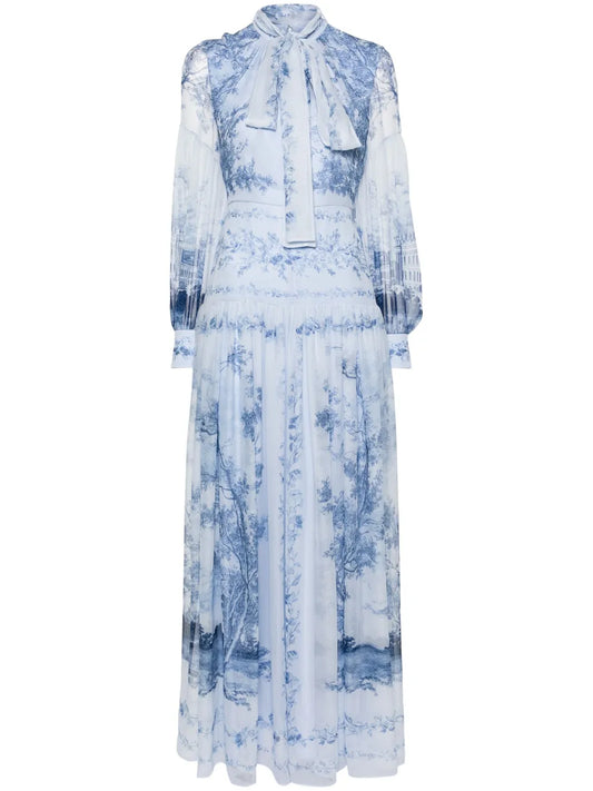 Erdem Graphic Print Silk Dress — Blue — Size XS — Front View