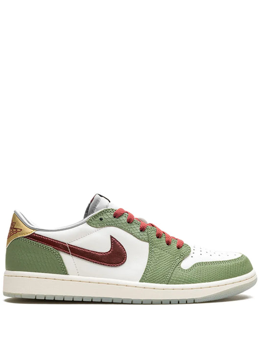 Air Jordan 1 Low Se Year Of The Dragon Sneakers — White/Light Olive Green/Red — Size US M 10.5 - US W 12 — Front View