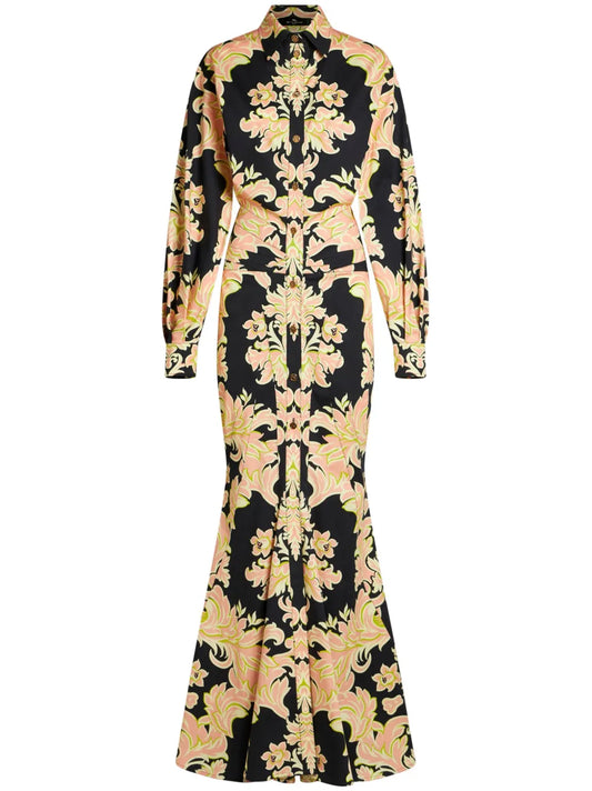 Etro Paisley Print Ruched Gown — Black — Size S — Front View