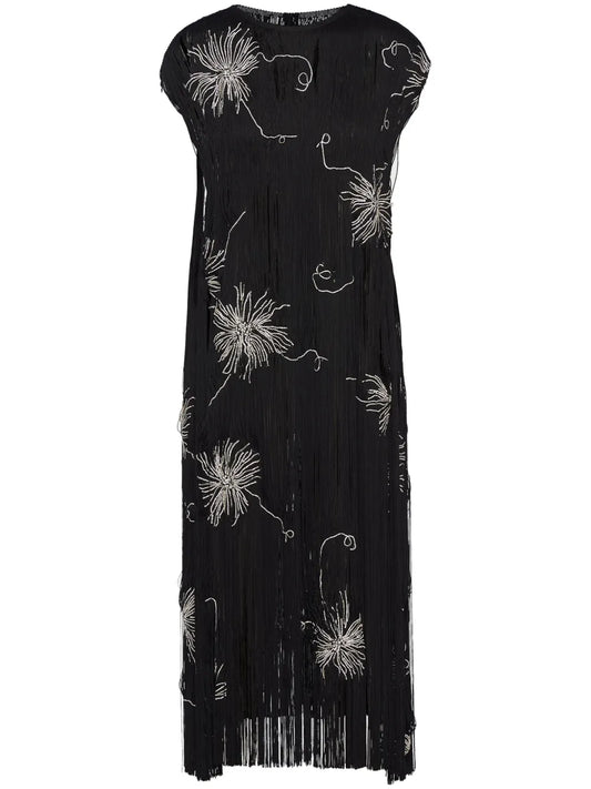 Prada Fringed Embroidered Dress — Black/ Red/ Silver — Size XS — Front View
