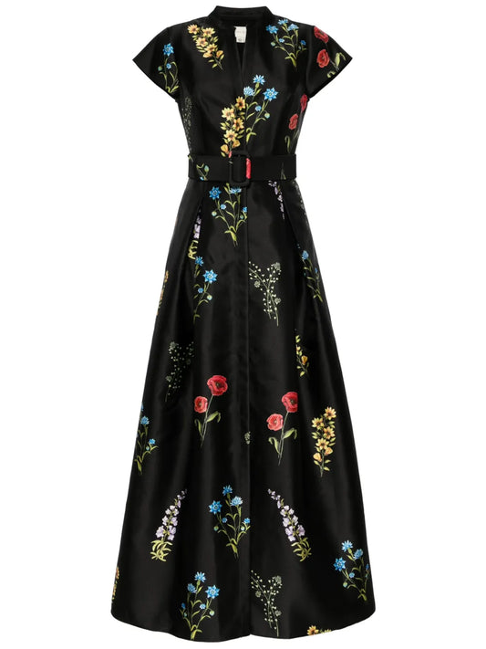Sachin Babi Marta Floral Print Gown — Black — Size XS — Front View