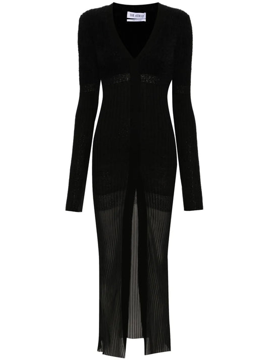 The Attico V Neck Ribbed Midi Dress — Black — Size XS — Front View