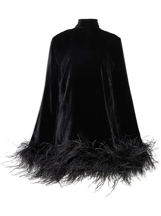 Taller Marmo Gina Feather Trim Minidress — Black — Size S — Front View