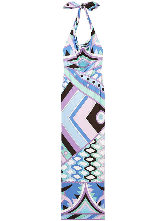Pucci Vivara Print Satin Halterneck Maxi Dress — Blue — Size XXL — Front View