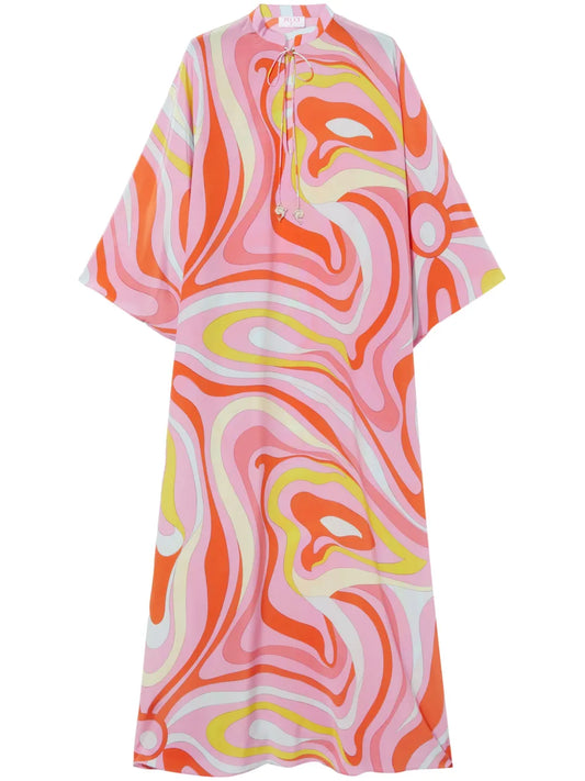 Pucci Marmo Print Silk Maxi Dress — Red/ Pink — Size XS — Front View