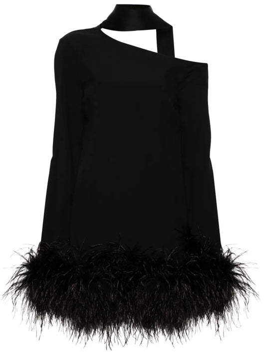 Taller Marmo Adige Feather Trim Minidress — Black — Size S — Front View