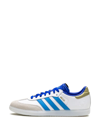 adidas X Lionel Messi Samba Sneakers — White/Royal Blue/Gold-Tone — Size US M 6 - US W 7.5 — Detail View