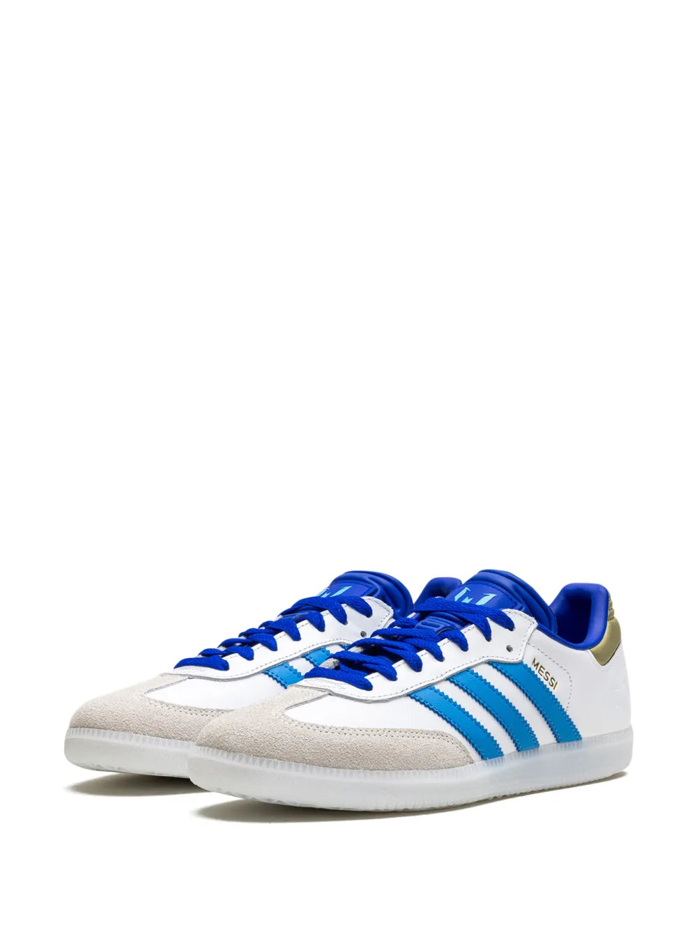 adidas X Lionel Messi Samba Sneakers — White/Royal Blue/Gold-Tone — Size US M 6 - US W 7.5 — Back View
