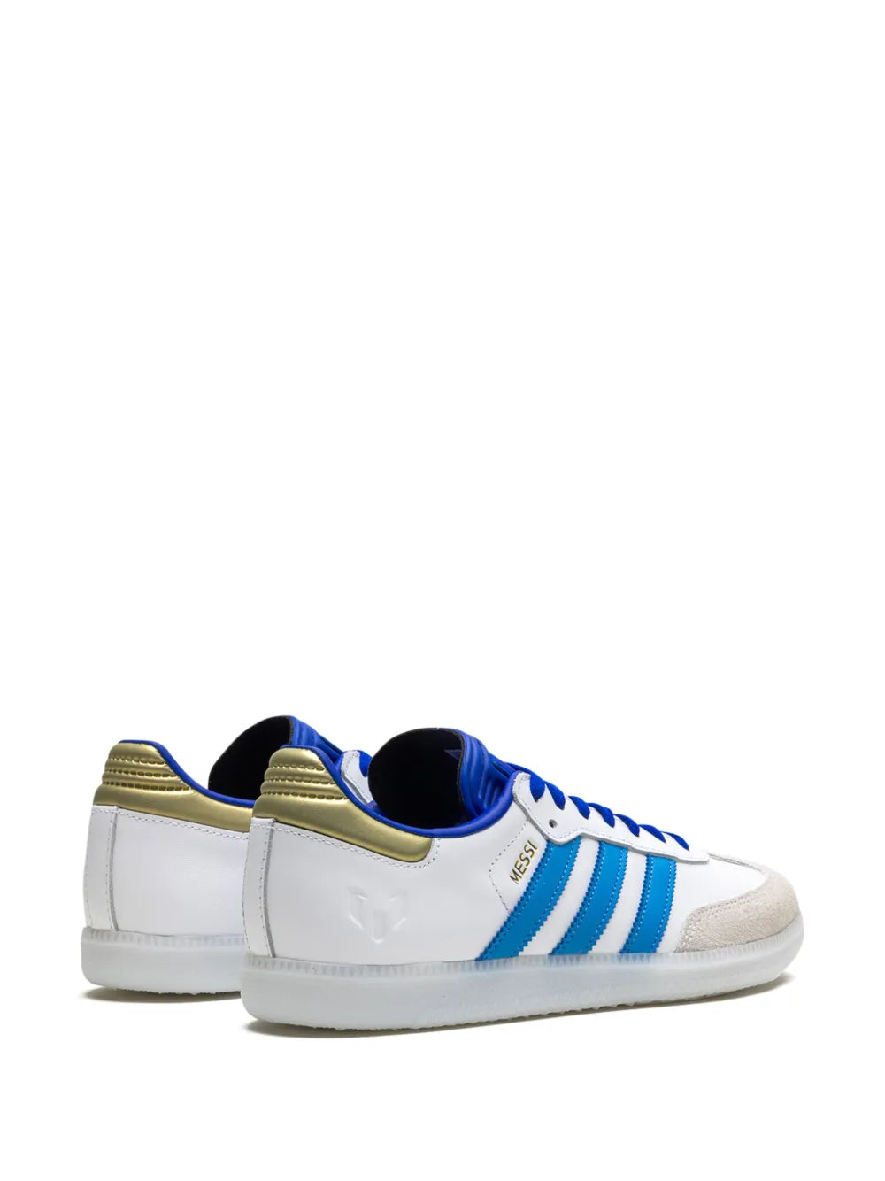 adidas X Lionel Messi Samba Sneakers — White/Royal Blue/Gold-Tone — Size US M 6 - US W 7.5 — Top View
