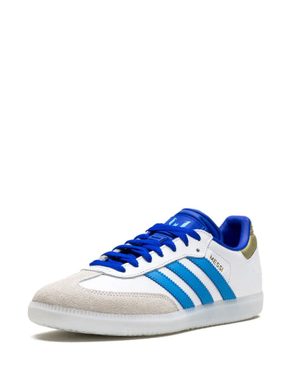 adidas X Lionel Messi Samba Sneakers — White/Royal Blue/Gold-Tone — Size US M 6 - US W 7.5 — Lifestyle View