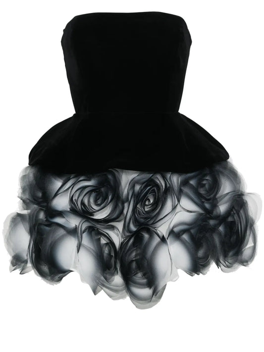 Ana Radu Floral Applique Strapless Minidress — Black/ White — Size XS — Front View