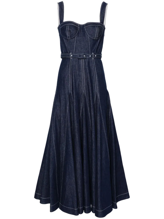 Huishan Zhang Belted Denim Midi Dress — Blue — Size S — Front View