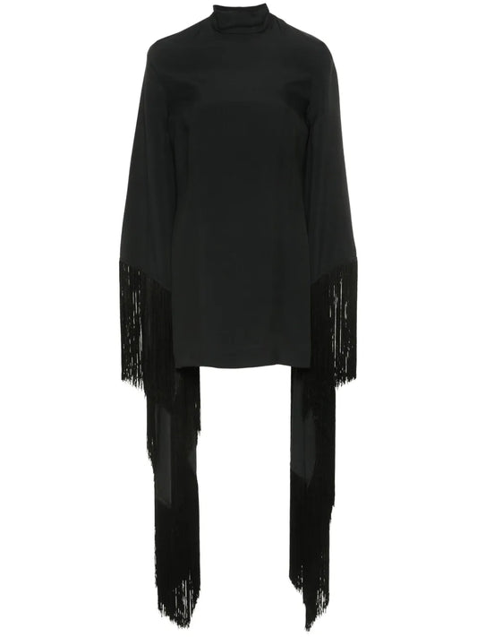 Taller Marmo Del Mar Fringed Mini Dress — Black — Size XS — Front View