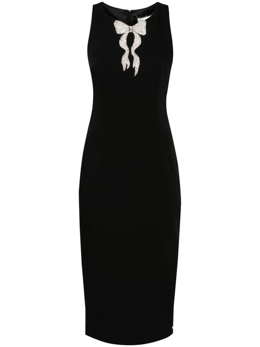 Nissa Bow Detail Crepe Midi Dress — Black — Size S — Front View