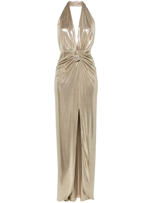 Nissa Lame Maxi Dress — Gold — Size S — Front View