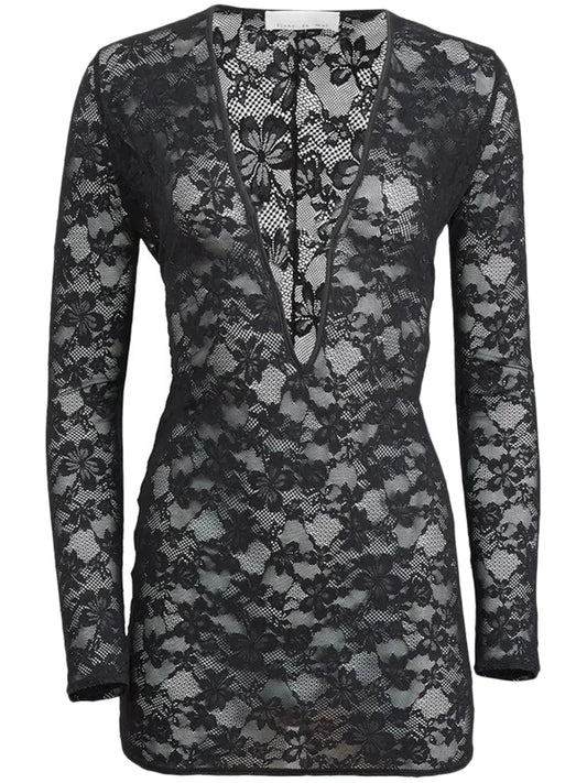 Fleur Du Mal Le Stretch Lace Plunge Mini Dress — Black — Size XS — Front View