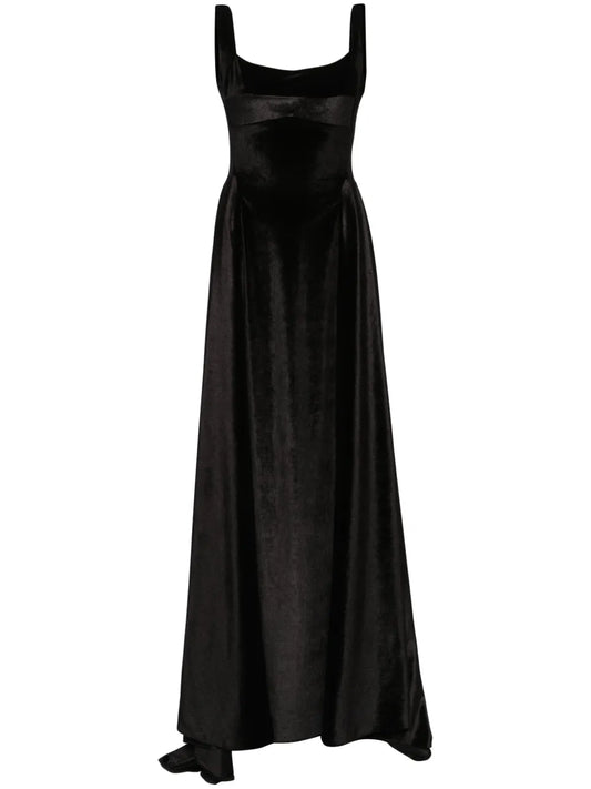 Atu Body Couture V Back Velvet Gown — Black — Size XS — Front View