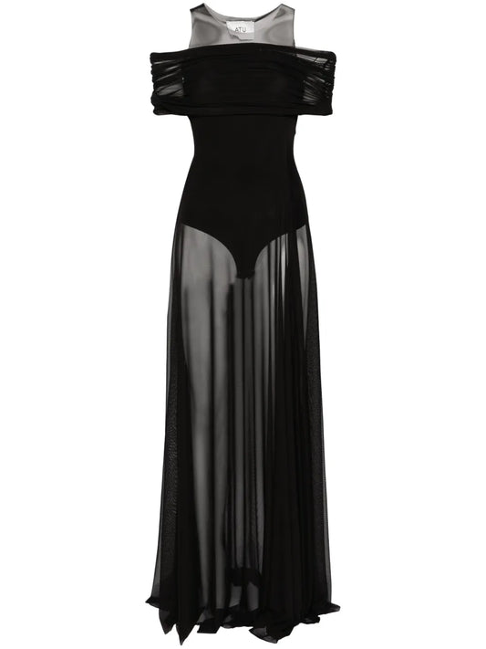 Atu Body Couture Round Neck Mesh Maxi Dress — Black — Size S — Front View