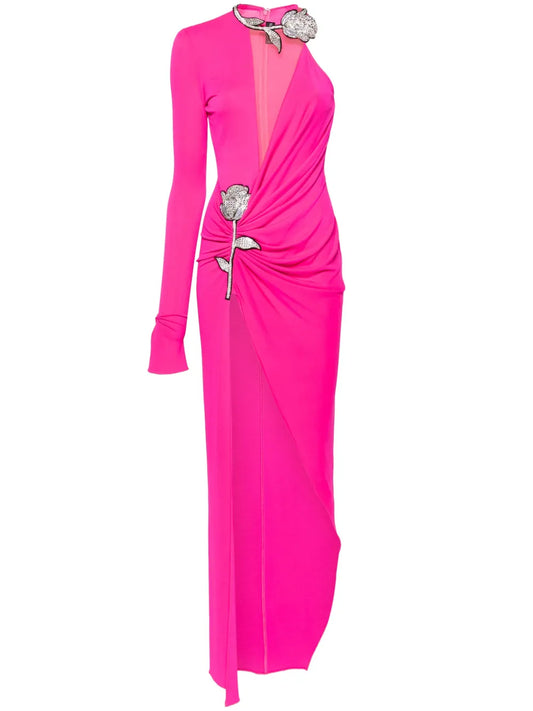 David Koma Floral Applique Ruched Gown — Pink — Size S — Front View