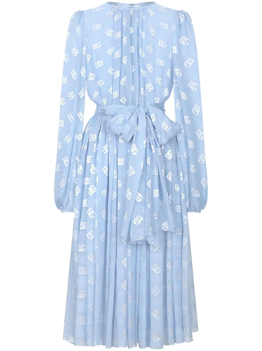 Dolce Gabbana Dna Monogram Jacquard Chiffon Midi Dress — Blue — Size XS — Front View