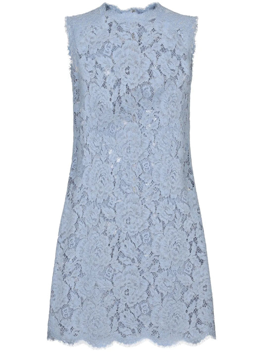 Dolce Gabbana Dna Floral Lace Shift Mini Dress — Blue — Size XS — Front View