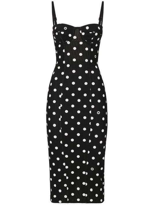 Dolce Gabbana Polka Dot Corset Midi Dress — Black/ White — Size XS — Front View