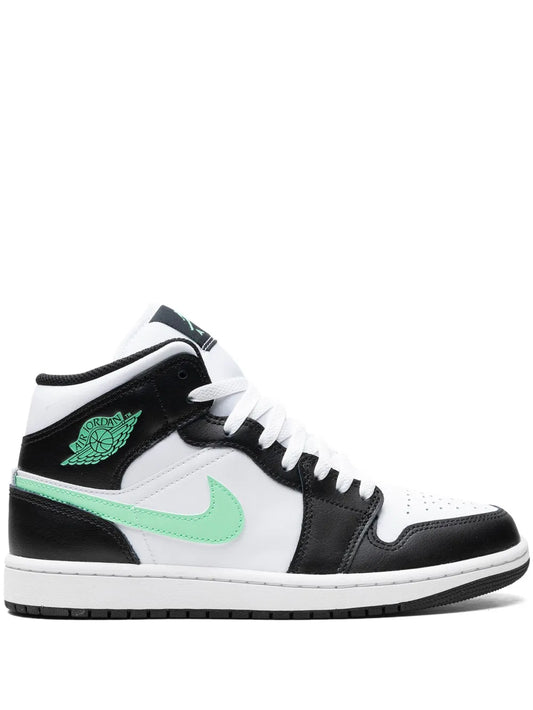 Air Jordan 1 Mid Green Glow Sneakers — White/Black/Green — Size US M 11.5 - US W 13 — Front View