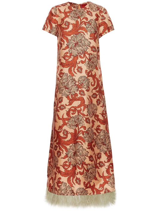 La Doublej Swing Feather Trimmed Dress — Red — Size XS — Front View