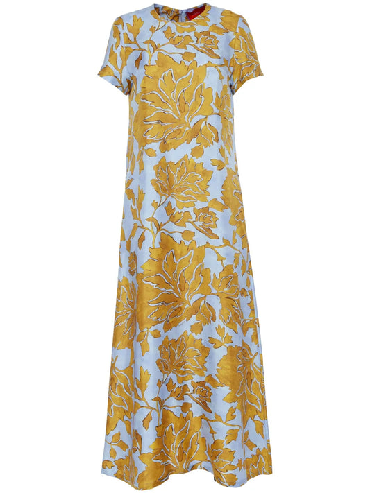 La Doublej Floral Print Silk Maxi Dress — Blue/ Red/ Yellow — Size XS — Front View