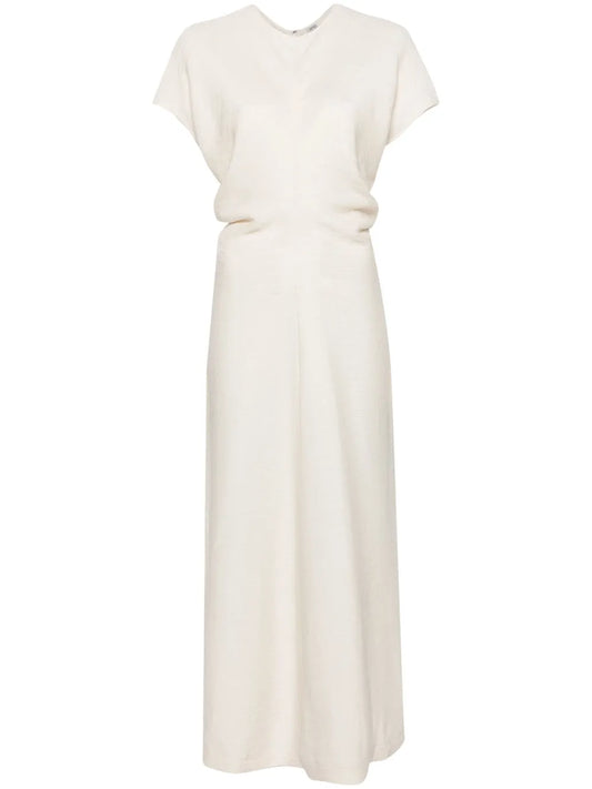 Toteme Draped Detailing Textured Maxi Dress — White/ Red/ Cream — Size XS — Front View