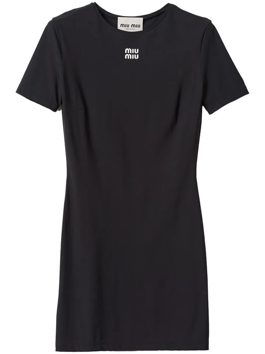 Miu Miu Logo Print Short Sleeve Minidress — Black — Size XS — Front View