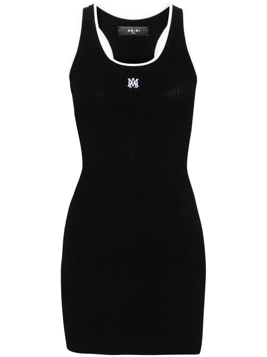 Amiri Contrasting Trim Ribbed Knit Minidress — Black/ Red — Size S — Front View