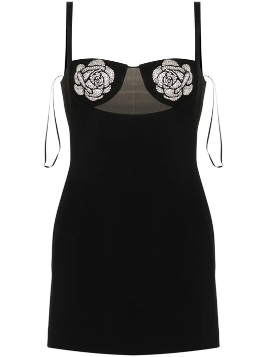 David Koma Floral Applique Mini Dress — Black/ Silver — Size XS — Front View