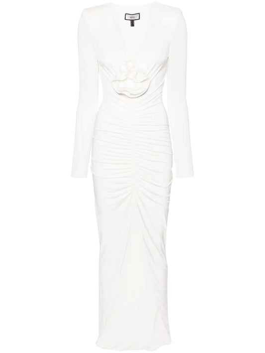 Nissa Rose Applique Ruched Maxi Dress — White — Size XS — Front View