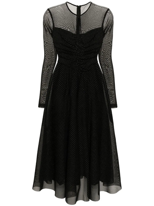 Nissa Studded Flared Midi Dress — Black/ Red — Size M — Front View