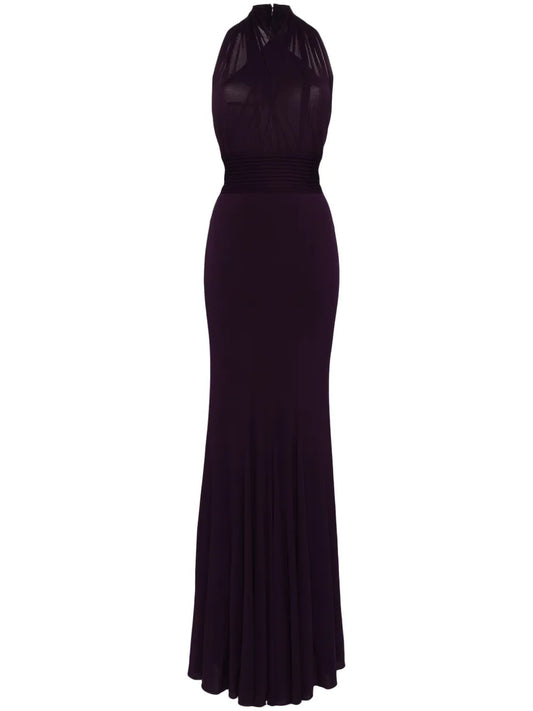 Herve L Leroux V Neck Open Back Gown — Red/ Purple — Size S — Front View
