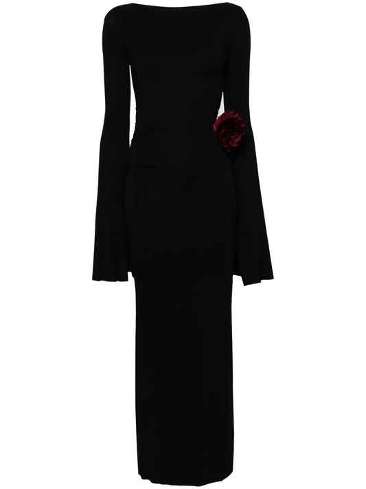Manuri Floral Applique Jersey Maxi Dress — Black — Size XS — Front View